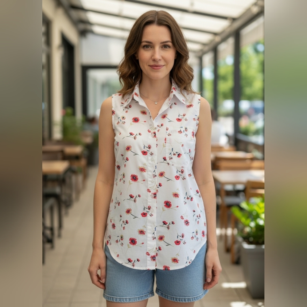 Classic Floral Sleeveless Blouse - White and Red